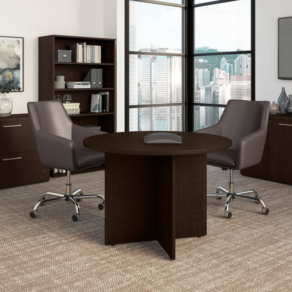 Shop Bush Furniture for you 42W Round Conference Table with Wood Base 01 99TB42RMR  color mocha cherry