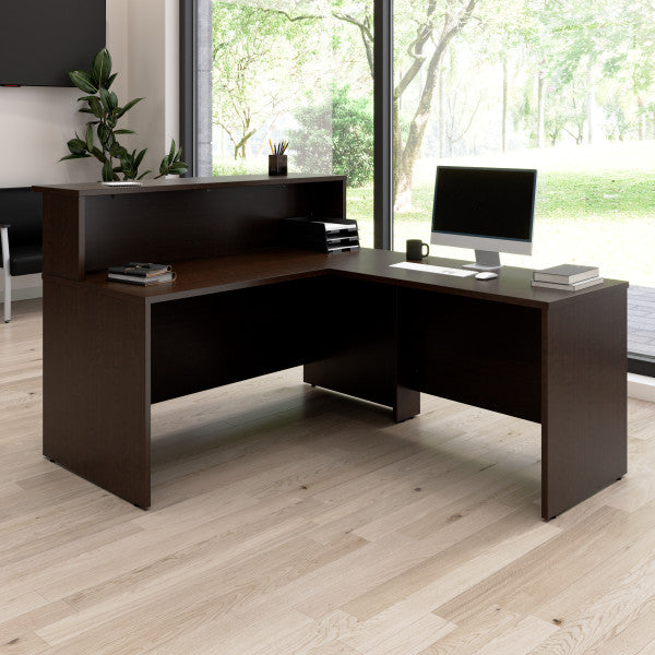 Shop Bush Furniture for you Arrive 60W x 72D L Shaped Reception Desk with Shelf 01 ARV003MR  color mocha cherry