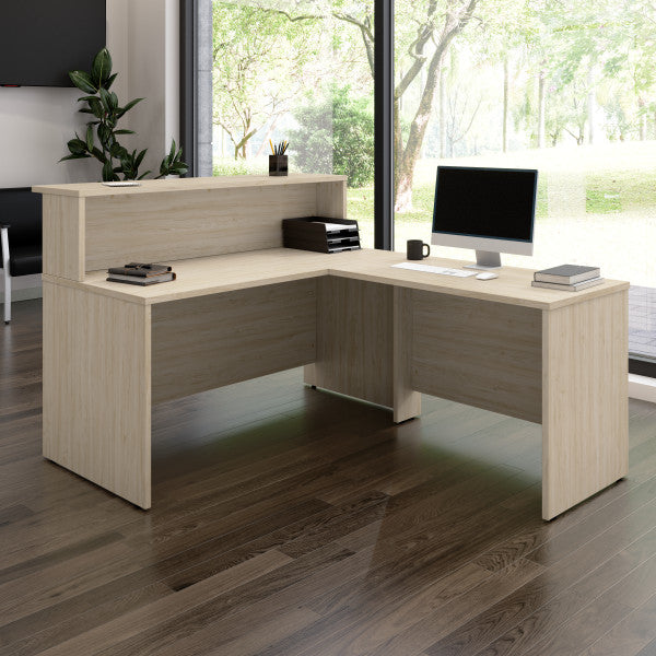 Shop Bush Furniture for you Arrive 60W x 72D L Shaped Reception Desk with Shelf 01 ARV003NE  color natural elm