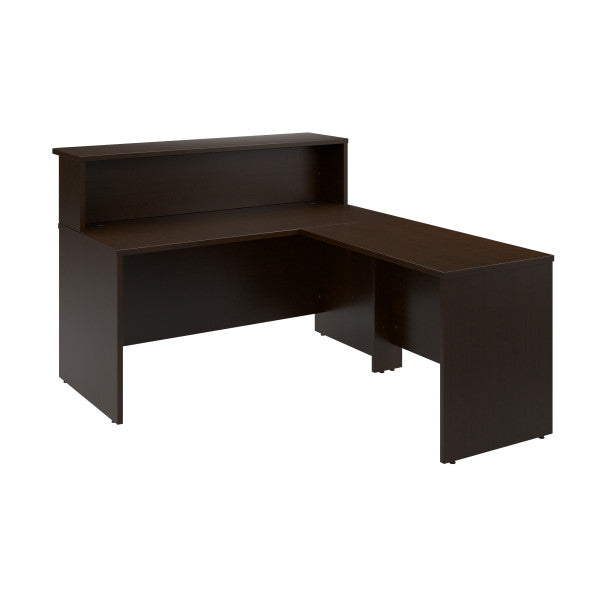 Shop Bush Furniture for you Arrive 60W x 72D L Shaped Reception Desk with Shelf 02 ARV003MR  color mocha cherry