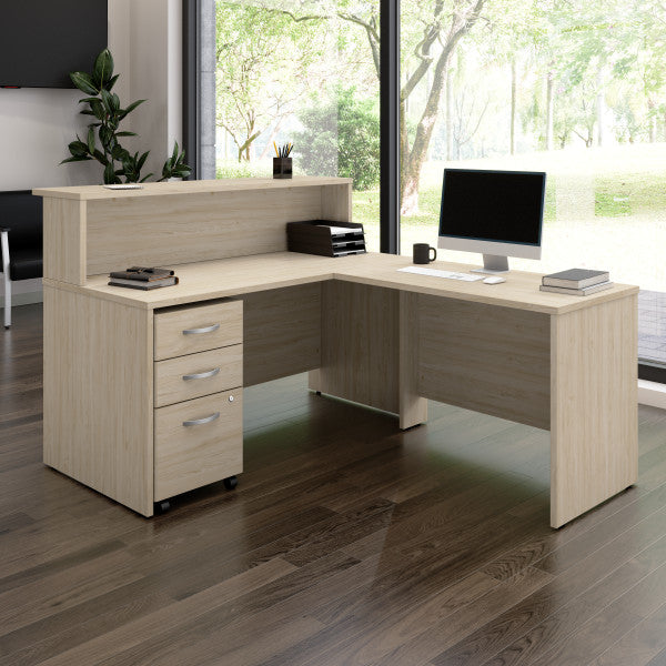 Shop Bush Furniture for you Arrive 60W x 72D L Shaped Reception Desk with Shelf and Mobile File Cabinet 01 ARV004NE  color natural elm