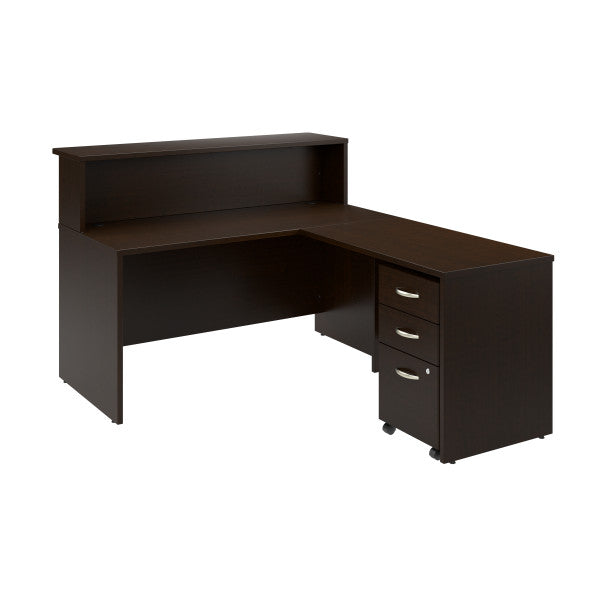 Shop Bush Furniture for you Arrive 60W x 72D L Shaped Reception Desk with Shelf and Mobile File Cabinet 02 ARV004MR  color mocha cherry