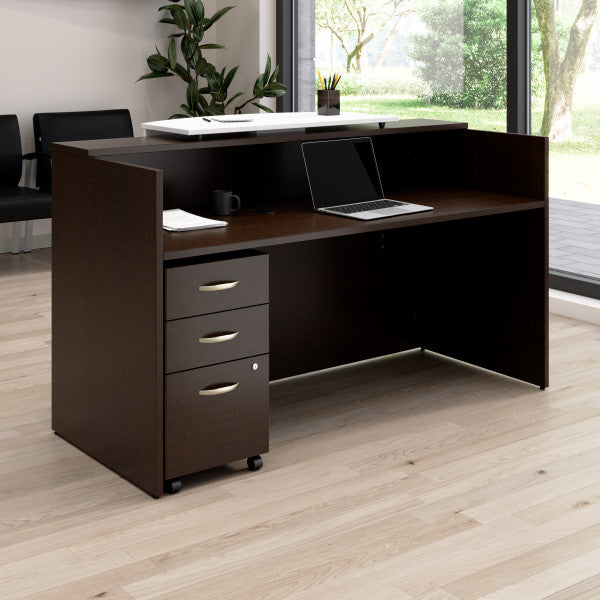 Shop Bush Furniture for you Arrive 72W x 30D Reception Desk with Counter and Mobile File Cabinet 01 ARV008MR  color mocha cherry