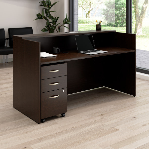 Shop Bush Furniture for you Arrive 72W x 30D Reception Desk with Shelf and Mobile File Cabinet 01 ARV005MR  color mocha cherry