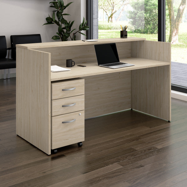 Shop Bush Furniture for you Arrive 72W x 30D Reception Desk with Shelf and Mobile File Cabinet 01 ARV005NE  color natural elm