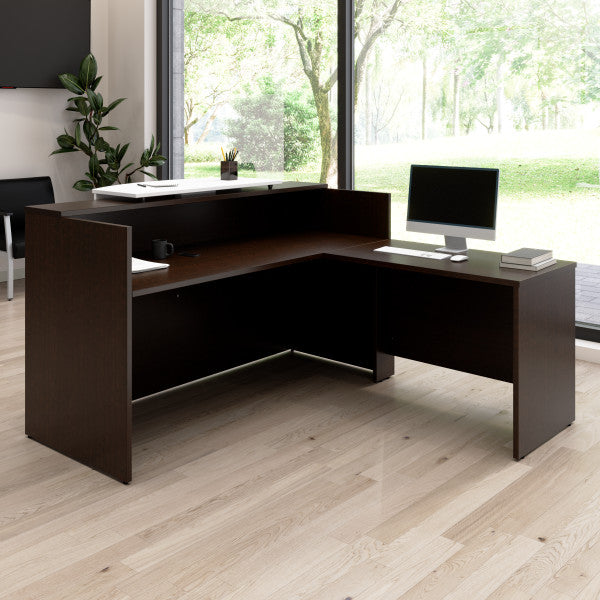 Shop Bush Furniture for you Arrive 72W x 72D L Shaped Reception Desk with Counter 01 ARV009MR  color mocha cherry