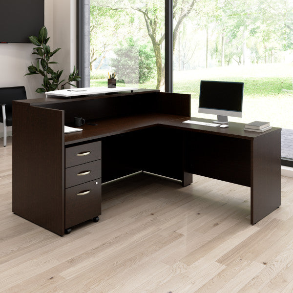 Shop Bush Furniture for you Arrive 72W x 72D L Shaped Reception Desk with Counter and Mobile File Cabinet 01 ARV010MR  color mocha cherry