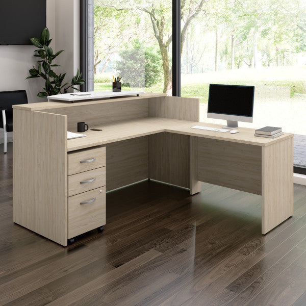 Shop Bush Furniture for you Arrive 72W x 72D L Shaped Reception Desk with Counter and Mobile File Cabinet 01 ARV010NE  color natural elm