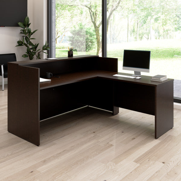 Shop Bush Furniture for you Arrive 72W x 72D L Shaped Reception Desk with Shelf 01 ARV006MR  color mocha cherry