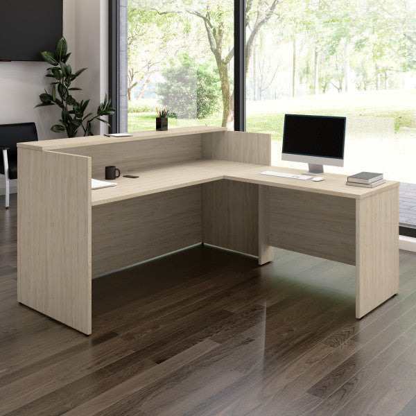 Shop Bush Furniture for you Arrive 72W x 72D L Shaped Reception Desk with Shelf 01 ARV006NE  color natural elm