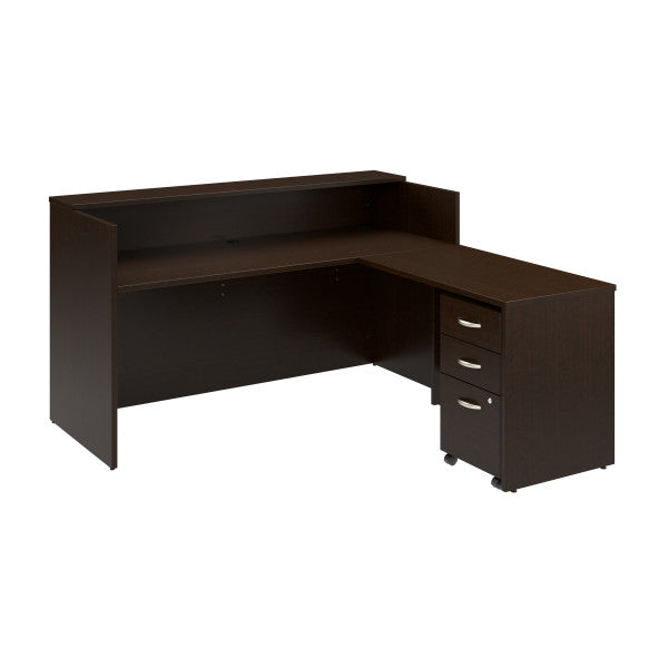 Shop Bush Furniture for you Arrive 72W x 72D L Shaped Reception Desk with Shelf and Mobile File Cabinet 02 ARV007MR  color mocha cherry