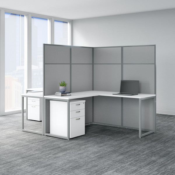 Shop Bush Furniture for you Easy Office 60W 2 Person L Shaped Cubicle Desk with Drawers and 66H Panels 01 EODH56SWH-03K  color pure white silver gray fabric