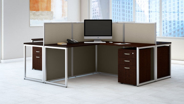 Shop Bush Furniture for you Easy Office 60W 4 Person L Shaped Cubicle Desk with Drawers and 45H Panels 01 EOD760SMR-03K  color mocha cherry