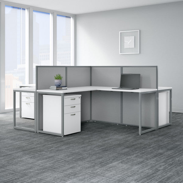 Shop Bush Furniture for you Easy Office 60W 4 Person L Shaped Cubicle Desk with Drawers and 45H Panels 01 EOD760SWH-03K  color pure white silver gray fabric