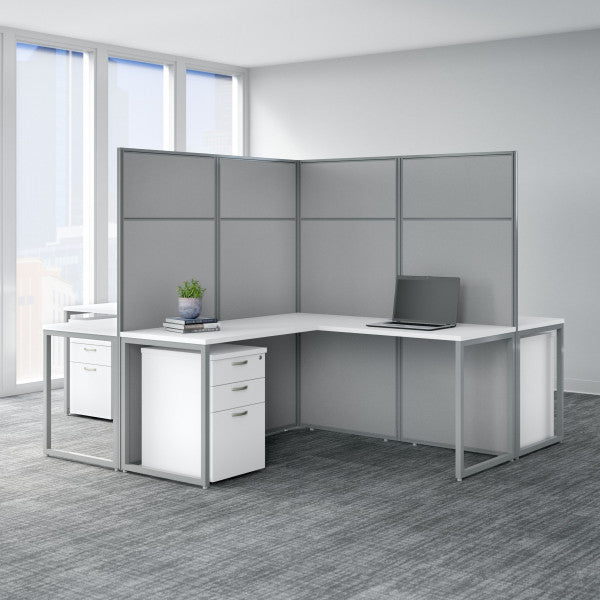 Shop Bush Furniture for you Easy Office 60W 4 Person L Shaped Cubicle Desk with Drawers and 66H Panels 01 EODH76SWH-03K  color pure white silver gray fabric