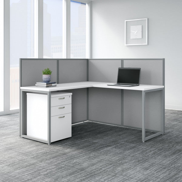 Shop Bush Furniture for you Easy Office 60W L Shaped Cubicle Desk with File Cabinet and 45H Panels 01 EOD360SWH-03K  color pure white silver gray fabric