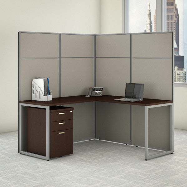 Shop Bush Furniture for you Easy Office 60W L Shaped Cubicle Desk with File Cabinet and 66H Panels 01 EODH36SMR-03K  color mocha cherry