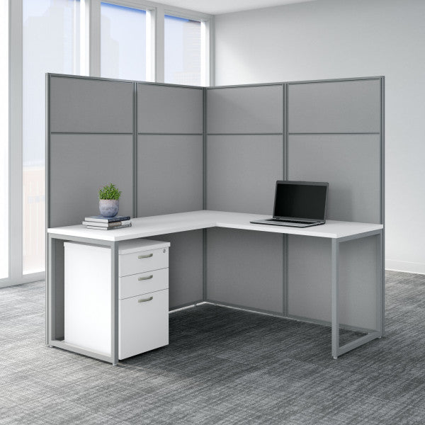 Shop Bush Furniture for you Easy Office 60W L Shaped Cubicle Desk with File Cabinet and 66H Panels 01 EODH36SWH-03K  color pure white silver gray fabric