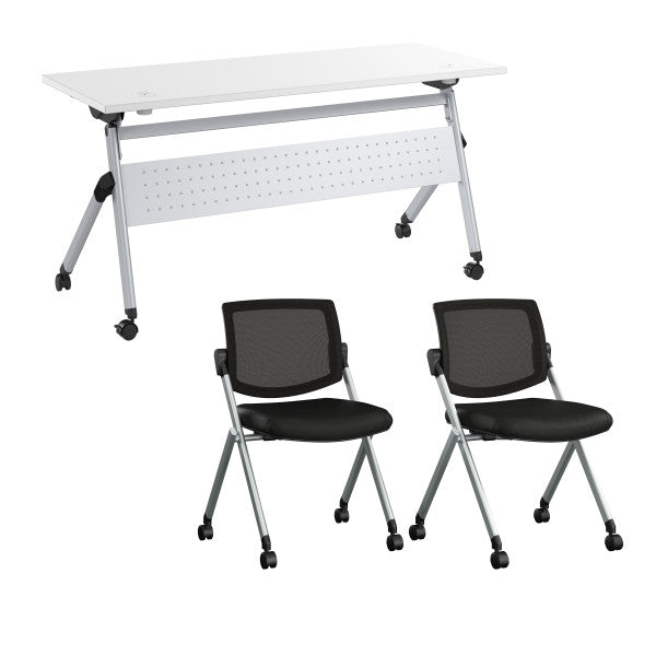 Shop Bush Furniture for you Envision 60W Folding Training Table with Powered Grommets and 2 Chairs 02 NVS007WH  color white cool gray metallic