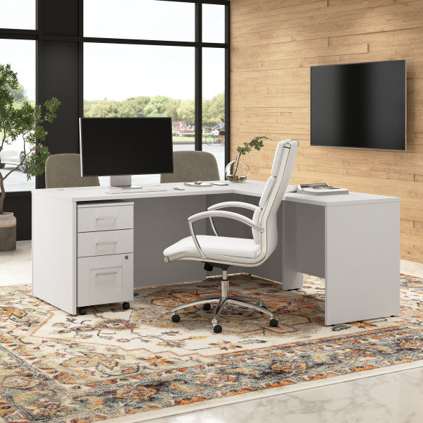 Shop Bush Furniture for you Hampton Heights 72W x 30D Executive L-Shaped Desk with 3 Drawer Mobile File Cabinet 03 HHD001WH  color white