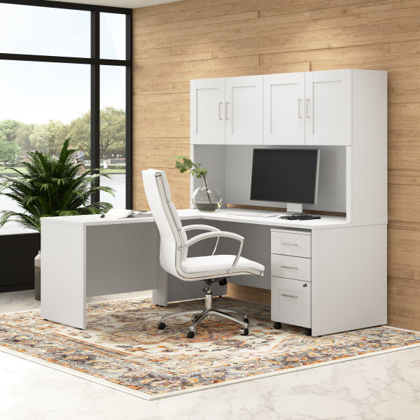 Shop Bush Furniture for you Hampton Heights 72W x 30D L-Shaped Office Desk with Hutch and 3 Drawer Mobile File Cabinet 01 HHD005WH  color white