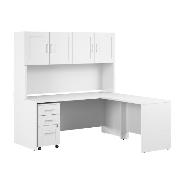 Shop Bush Furniture for you Hampton Heights 72W x 30D L-Shaped Office Desk with Hutch and 3 Drawer Mobile File Cabinet 02 HHD005WH  color white