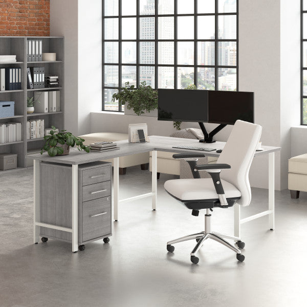 Shop Bush Furniture for you Hustle 60W x 30D L Shaped Computer Desk with 3 Drawer Mobile File Cabinet 01 HUS006PG  color platinum gray