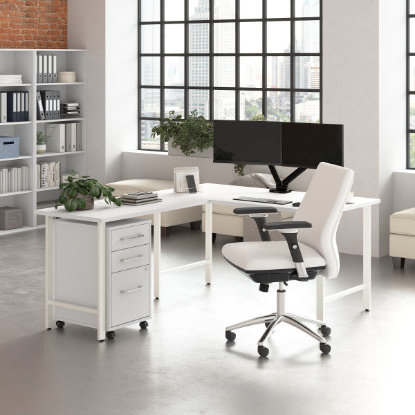 Shop Bush Furniture for you Hustle 60W x 30D L Shaped Computer Desk with 3 Drawer Mobile File Cabinet 01 HUS006WH  color white