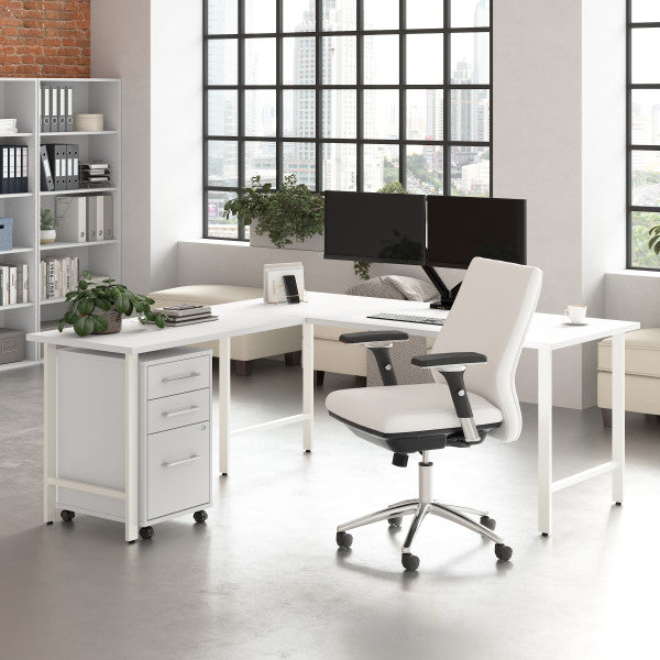 Shop Bush Furniture for you Hustle 72W x 30D L Shaped Computer Desk with 3 Drawer Mobile File Cabinet 01 HUS013WH  color white