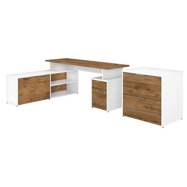 Shop Bush Furniture for you Jamestown 72W L Shaped Desk with Drawers and Lateral File Cabinet 02 JTN010FWWHSU  color fresh walnut white