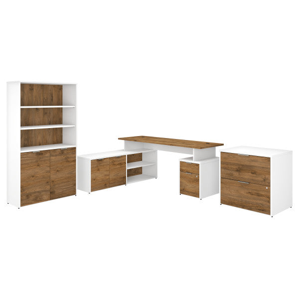 Shop Bush Furniture for you Jamestown 72W L Shaped Desk with Lateral File Cabinet and 5 Shelf Bookcase 02 JTN011FWWHSU  color fresh walnut white