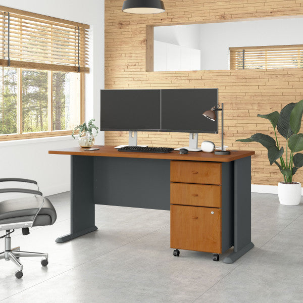 Shop Bush Furniture for you Series A 60W Desk with Mobile File Cabinet 01 SRA003NCSU  color natural cherry slate