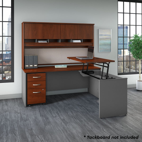 Shop Bush Furniture for you Series C 72W x 30D 3 Position Sit to Stand L Shaped Desk with Hutch and Mobile File Cabinet 01 SRC124HCSU  color hansen cherry graphite gray