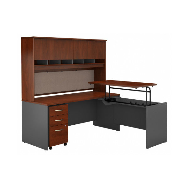 Shop Bush Furniture for you Series C 72W x 30D 3 Position Sit to Stand L Shaped Desk with Hutch and Mobile File Cabinet 02 SRC124HCSU  color hansen cherry graphite gray