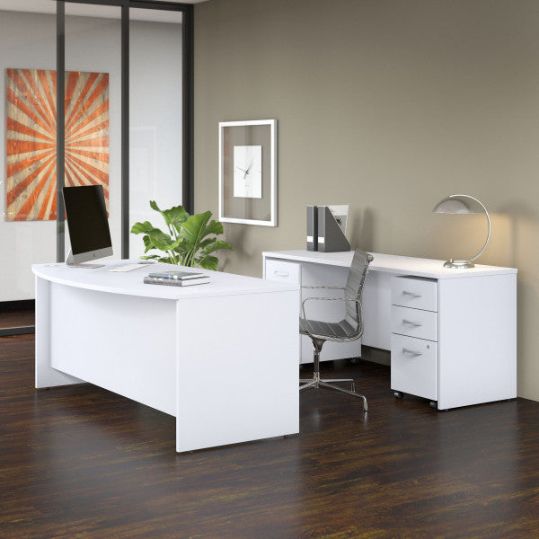 Shop Bush Furniture for you Studio C 72W x 36D Bow Front Desk and Credenza with Mobile File Cabinets 01 STC009WHSU  color white